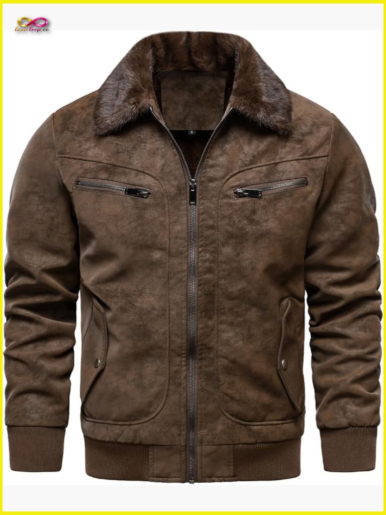 Faux Leather Bomber Jacket Fleece Lined Aviator Flight Jacket Zip Closure